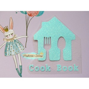 Надпись из термотрансфера "Cook Book с домиком", цвет голубой радужный глиттер, 75х80 мм